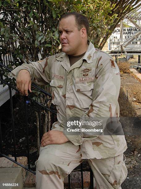 Lieutenant Bill Besselman, a 13-year member of the 256 Infantry Unit of the Louisiana National Guard, speaks to reporters September 19, 2005 outside...