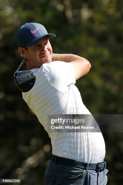 Harris English plays his shot from the fifth tee during the first round of the Valero Texas Open at TPC San Antonio AT&T Oaks Course on April 19,...