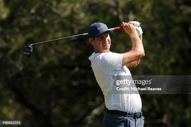 Harris English plays his shot from the fifth tee during the first round of the Valero Texas Open at TPC San Antonio AT&T Oaks Course on April 19,...