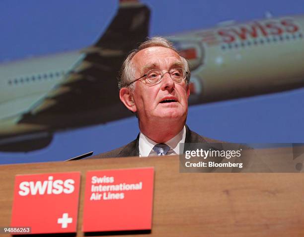 Swiss International Airlines Chairman Pieter Bouw speaks at the company's annual general meeting in Basel, Switzerland, Thursday, May 19, 2005. Swiss...