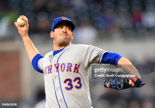 Matt Harvey of the New York Mets throws a second-inning pitch against the Atlanta Braves at SunTrust Park on April 19, 2018 in Atlanta, Georgia.