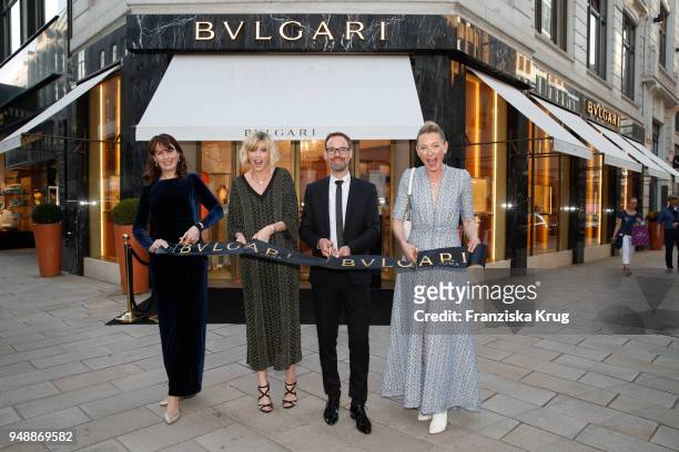 Sabine Lourimi, Nadja Auermann, Bart de Boever and Lilly zu Sayn-Wittgenstein-Berleburg during the Bulgari boutique opening on April 19, 2018 in...