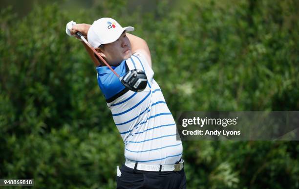 Sungjae Im of South Korea hits his tee shot on the 14th hole during the first round of the North Mississippi Classic at the Country Club of Oxford on...