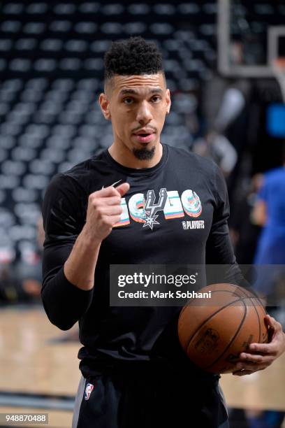 Danny Green of the San Antonio Spurs warms up before Game Three of the Western Conference Quarterfinals against the Golden State Warriors on April...