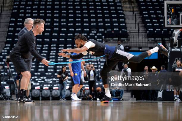 Patty Mills of the San Antonio Spurs warms up before Game Three of the Western Conference Quarterfinals against the Golden State Warriors on April...