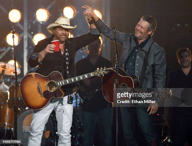 Toby Keith and Blake Shelton perform during the 53rd Academy of Country Music Awards at MGM Grand Garden Arena on April 15, 2018 in Las Vegas, Nevada.