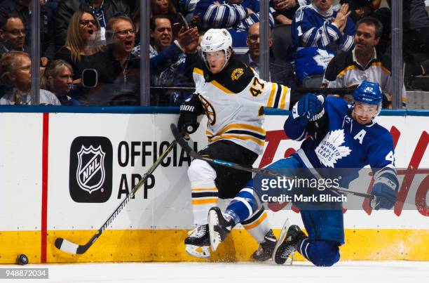 Torey Krug of the Boston Bruins skates against Tyler Bozak of the Toronto Maple Leafs in Game Four of the Eastern Conference First Round during the...