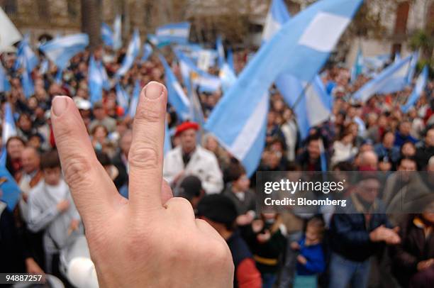 Demonstrator gestures during a rally in support of striking farmers in Pergamino, Argentina, on Monday, June 2, 2008. Argentine farm leaders will...