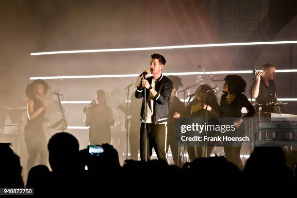 Singer Daniel Campbell Smith of the British band Bastille performs live on stage during a concert at the Tempodrom on April 19, 2018 in Berlin,...