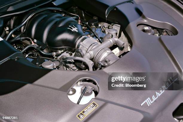 The engine of the 2009 Maserati GranTurismo is photographed in front of the Laguna Cliffs Marriott Resort and Spa in Dana Point, California, U.S., on...