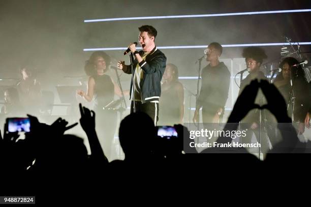 Singer Daniel Campbell Smith of the British band Bastille performs live on stage during a concert at the Tempodrom on April 19, 2018 in Berlin,...