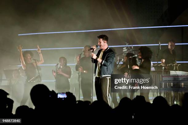 Singer Daniel Campbell Smith of the British band Bastille performs live on stage during a concert at the Tempodrom on April 19, 2018 in Berlin,...