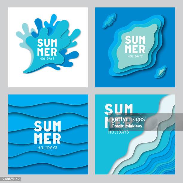 ilustraciones, imágenes clip art, dibujos animados e iconos de stock de colección de verano de corte de papel - letras 3d