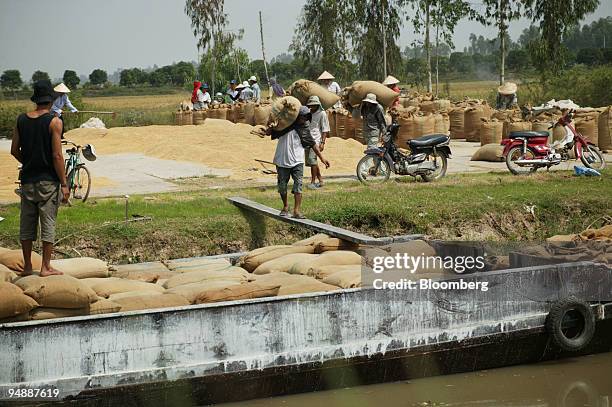 Farm hands, wearing conical hats, carry sacks of rice grain to a waiting river launch at Co Do farm, in Can Tho Province, Vietnam, on Saturday, March...