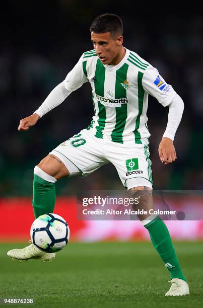 Cristian Tello of Real Betis Balompie in action during the La Liga match between Real Betis and Las Palmas at Estadio Benito Villamarin on April 19,...