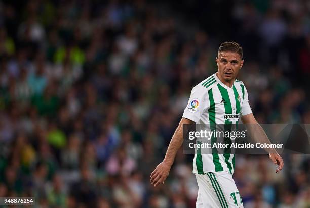 Joaquin Sanchez of Real Betis Balompie looks on during the La Liga match between Real Betis and Las Palmas at Estadio Benito Villamarin on April 19,...