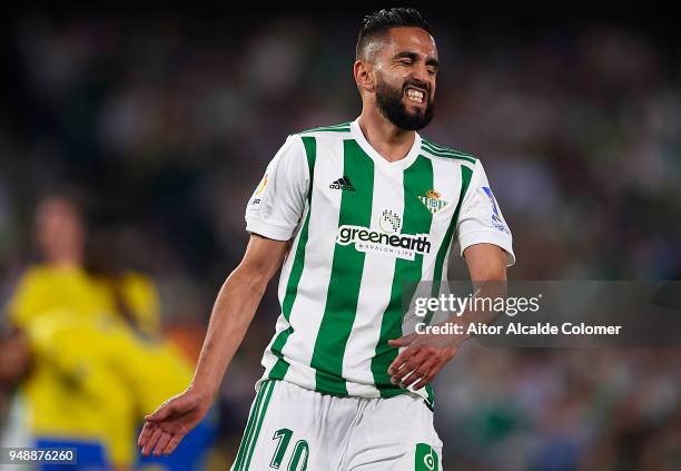 Ryad Boudebouz of Real Betis Balompie reacts during the La Liga match between Real Betis and Las Palmas at Estadio Benito Villamarin on April 19,...