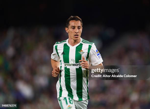 Andres Guardado of Real Betis Balompie looks on during the La Liga match between Real Betis and Las Palmas at Estadio Benito Villamarin on April 19,...