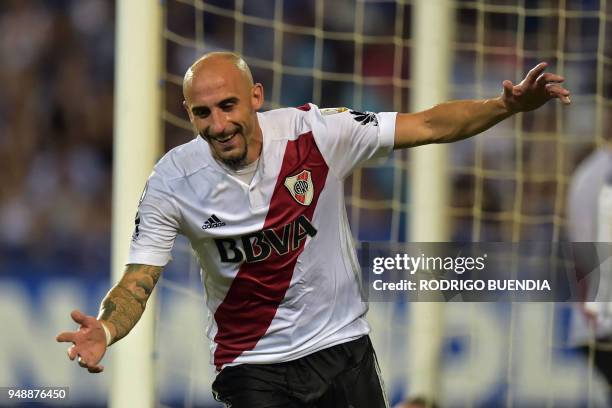 Argentina's River Plate player Javier Pinola celebrates his goal against Emelec from Ecuador, during their Copa Libertadores football match at George...