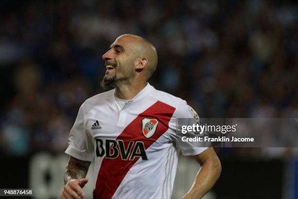 Javier Pinola of River Plate celebrates after scoring the first goal of his team during a match between Emelec and River Plate as part of Copa...