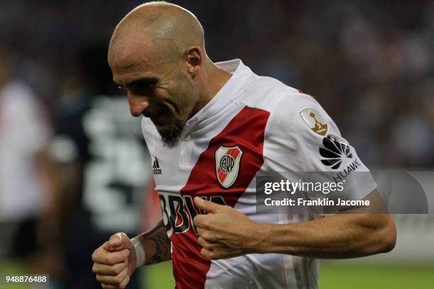 Javier Pinola of River Plate celebrates after scoring the first goal of his team during a match between Emelec and River Plate as part of Copa...