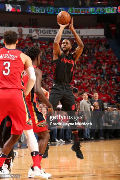 Maurice Harkless of the Portland Trail Blazers shoots the ball against the New Orleans Pelicans in Game Three of Round One of the 2018 NBA Playoffs...