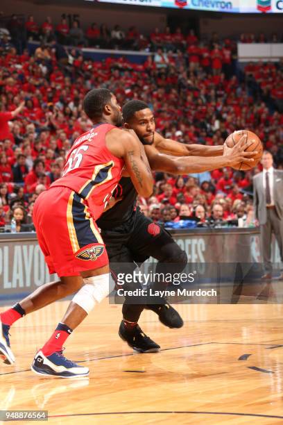 Maurice Harkless of the Portland Trail Blazers handles the ball against the New Orleans Pelicans in Game Three of Round One of the 2018 NBA Playoffs...