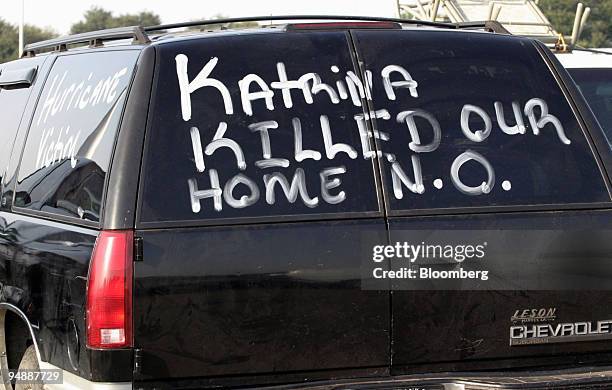 An evacuee from Hurricane Katrina has written their feelings on an SUV at the campus of Louisiana State University at Shreveport, Saturday, September...