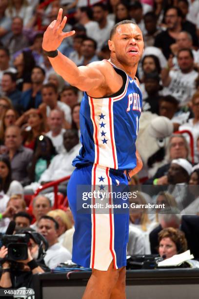 Justin Anderson of the Philadelphia 76ers celebrates hitting a three point shot during the game against the Miami Heat in Game Three of Round One of...