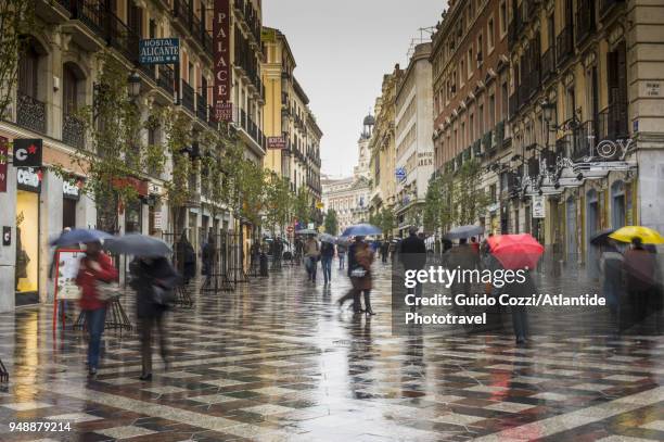 people walking with umbrellas at calle preciados - pedestrian zone 個照片及圖片檔