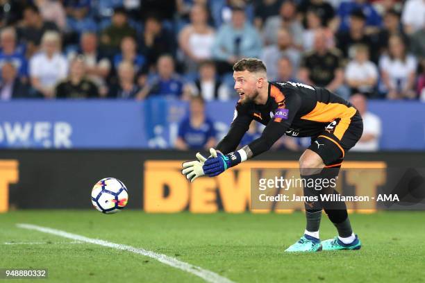 Ben Hamer of Leicester City during the Premier League match between Leicester City and Southampton at The King Power Stadium on April 19, 2018 in...