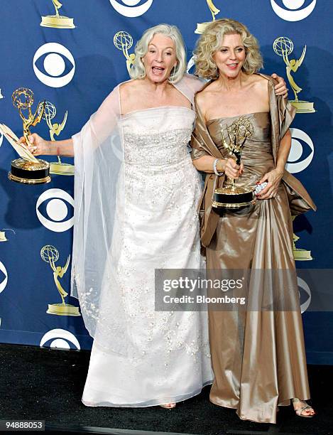 Jane Alexander, left, holds the award for outstanding supporting actress in miniseries of a movie for her role in 'Warm Springs' as Blythe Danner...