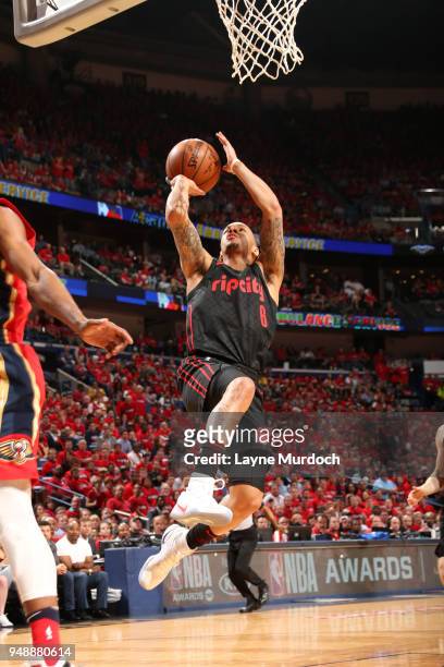 Shabazz Napier of the Portland Trail Blazers goes to the basket against the New Orleans Pelicans in Game Three of Round One of the 2018 NBA Playoffs...