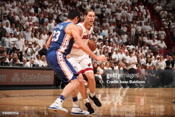 Kelly Olynyk of the Miami Heat handles the ball against the Philadelphia 76ers in Game Three of Round One of the 2018 NBA Playoffs on April 19, 2018...