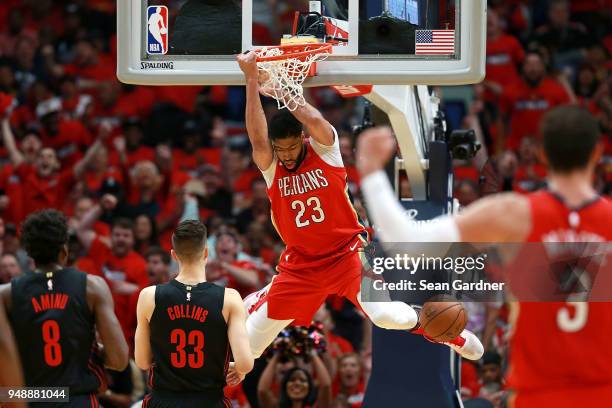 Anthony Davis of the New Orleans Pelicans dunks the ball against the Portland Trail Blazers during Game 3 of the Western Conference playoffs against...
