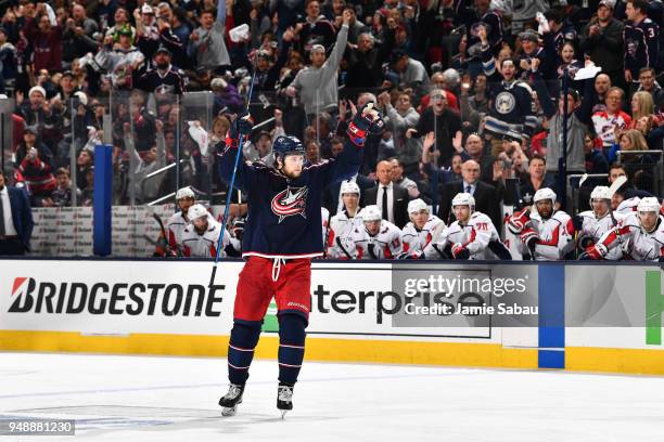 Josh Anderson of the Columbus Blue Jackets reacts after assisting in a goal during the third period in Game Four of the Eastern Conference First...