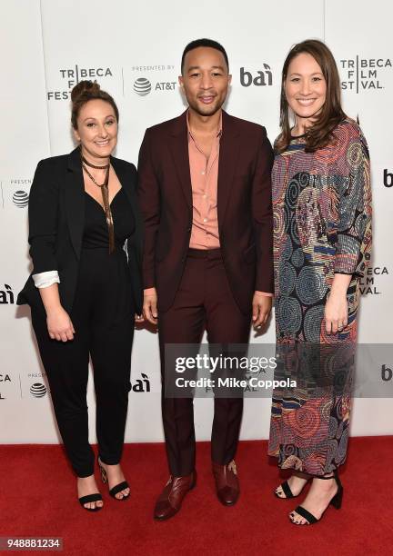 Directors Dyana Winkler and Tina Brown pose with John Legend at a screening of "United Skates" during the 2018 Tribeca Film Festival at Cinepolis...