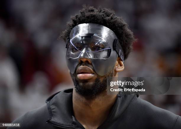 Joel Embiid of the Philadelphia 76ers wearing a protective mask before the start of the game against the Miami Heat at American Airlines Arena on...