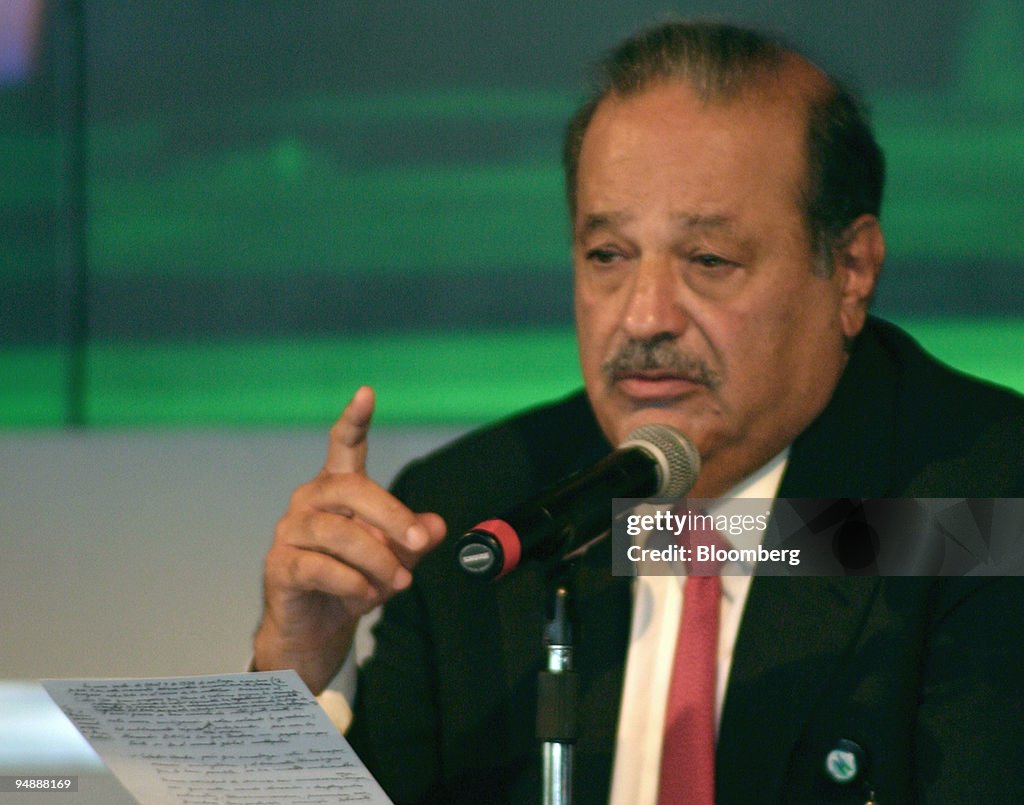 Mexican businessman Carlos Slim Helu participates in a panel