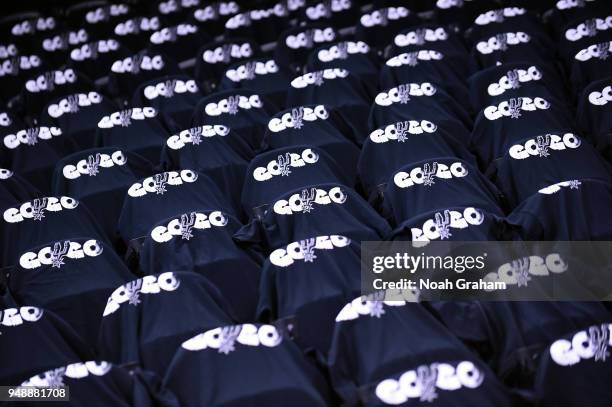 Shirts are presented for fans before the game between the San Antonio Spurs and the Golden State Warriors in Game Three of Round One of the 2018 NBA...