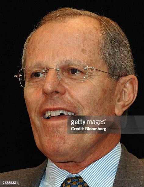 Peruvian Minister of Economy & Finance, Pedro Pablo Kuczynski is shown during a public interview session at the Latin American Borrowers & Investors...