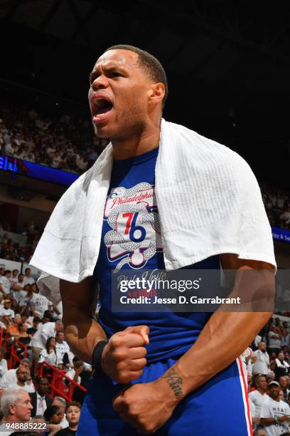 Justin Anderson of the Philadelphia 76ers celebrates during the game against the Miami Heat in Game Three of Round One of the 2018 NBA Playoffs on...