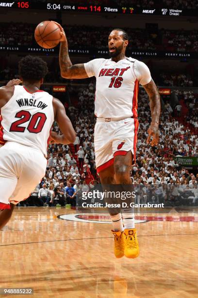 James Johnson of the Miami Heat passes the ball against the Philadelphia 76ers in Game Three of Round One of the 2018 NBA Playoffs on April 19, 2018...