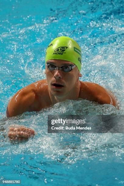 Cesar Augusto Cielo Filho of Brazil competes in the Men's 50m backstroke final during the Maria Lenk Swimming Trophy 2018 - Day 3 at Maria Lenk...