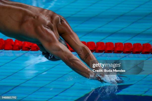 Joao Luiz Gomes Junior of Brazil competes in the Men's 50m Breaststroke final during the Maria Lenk Swimming Trophy 2018 - Day 3 at Maria Lenk...