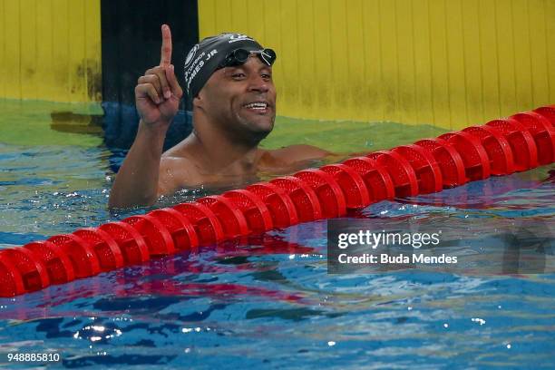 Joao Luiz Gomes Junior of Brazil celebrates the victory after winning the Men's 50m Breaststroke final during the Maria Lenk Swimming Trophy 2018 -...
