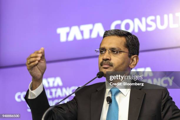 Rajesh Gopinathan, chief executive officer and managing director of Tata Consultancy Services Ltd., speaks during a news conference in Mumbai, India,...