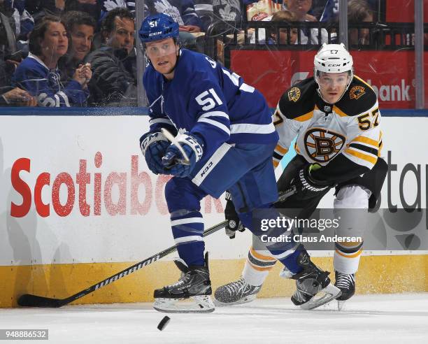 Jake Gardiner of the Toronto Maple Leafs flips a puck away from Tommy Wingels of the Boston Bruins in Game Four of the Eastern Conference First Round...