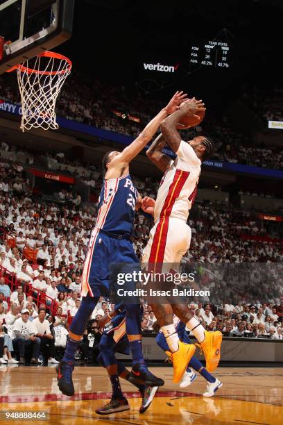 James Johnson of the Miami Heat handles the ball against the Philadelphia 76ers in Game Three of Round One of the 2018 NBA Playoffs on April 19, 2018...