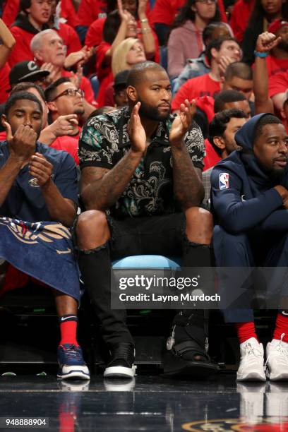 DeMarcus Cousins of the New Orleans Pelicans cheers during the game against the Portland Trail Blazers in Game Three of Round One of the 2018 NBA...